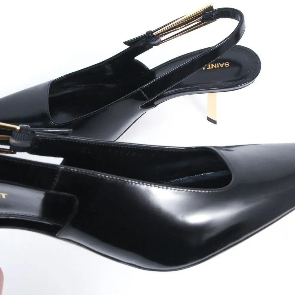 Saint Laurent YSL Lee Slingback Pumps Black Leather Gold Heel Shoes 39.5 NIB